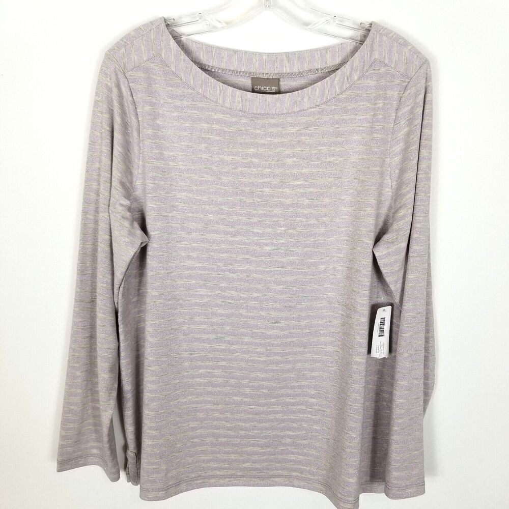 Chico's Women Lurex Size L Shimmer‎ Stripe Long Sleeve Top Lavender Pullover